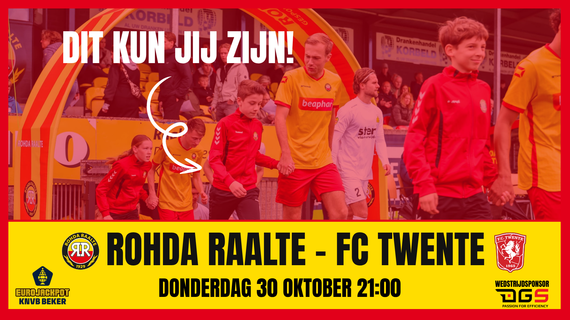 Sta direct langs het veld of loop het veld op met je helden van ROHDA Raalte en FC Twente!